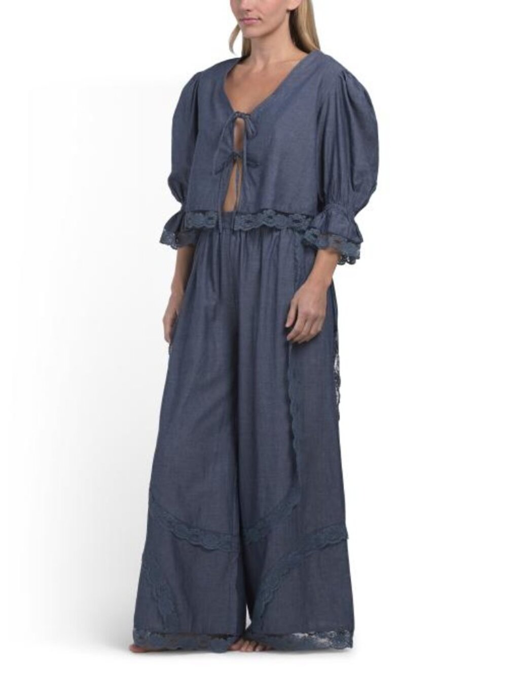 SAATVIK 2pc Chambray Puff Sleeve Boho Lounge Set